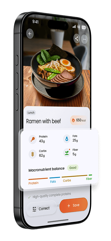 Impakt 应用显示已记录的牛肉拉面为 650 卡路里，并列出蛋白质、脂肪、碳水与膳食纤维的分解数据